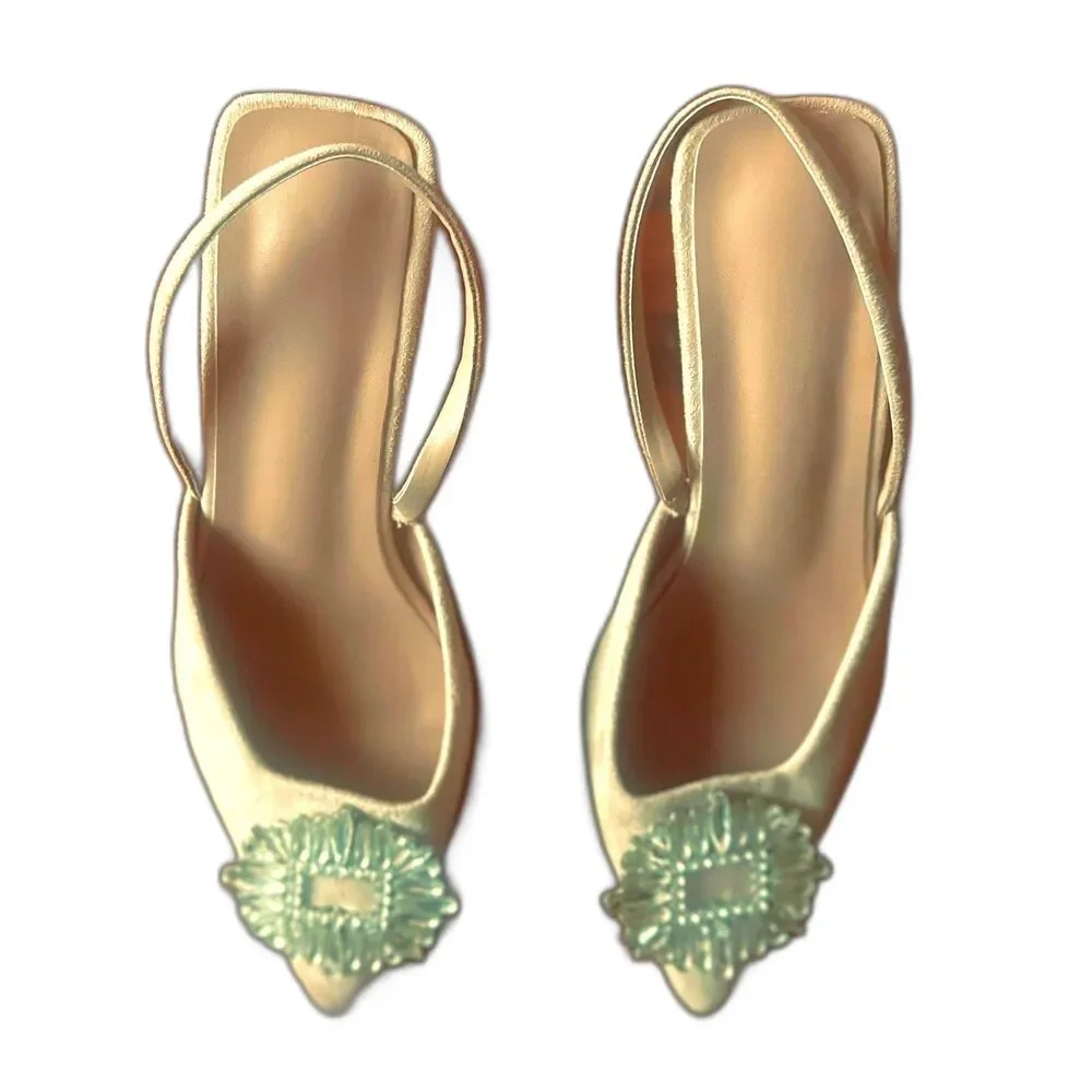 Nude Vegan Leather Glam Kitten Heel Rhinestone Buckle Slingback Pointed Pumps 38